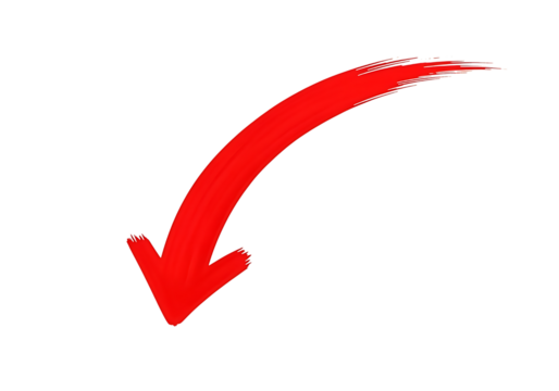 A bright red curved arrow pointing downwards isolated on transparent background
