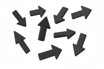 Black 3d arrows pointing in multiple directions, illustrating choice, decision making, and different paths