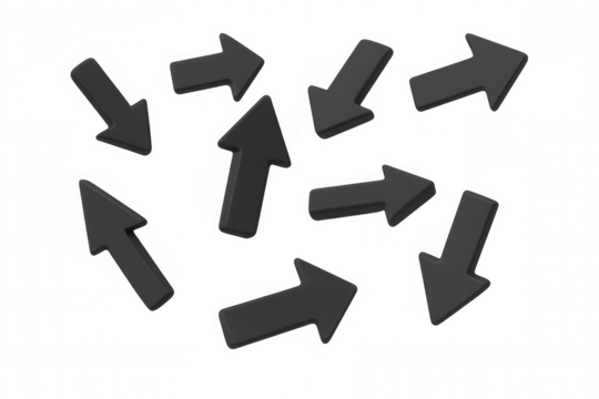 Black 3d arrows pointing in multiple directions, illustrating choice, decision making, and different paths