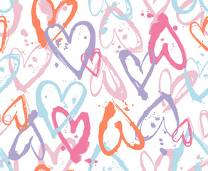 Hand-drawn hearts seamless pattern. Abstract brush stroke love background for Valentine's Day. Colorful grunge texture for fabric, wrapping paper, or modern design.