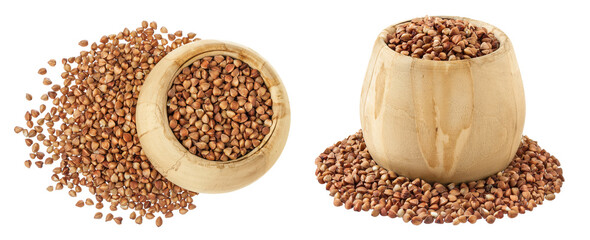 Raw buckwheat in wooden bowl isolated on white background. Top view. Flat lay