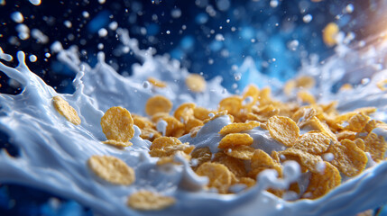 Close-up of a breakfast cereal splash, milk erupting around cornflakes, oat pieces, and loops, droplets suspended mid-air, intense vibrant blue background, photorealistic lighting