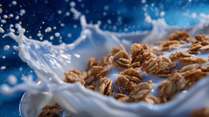 Macro dynamic shot of cereal pieces splashing into milk, arcs of liquid forming concentric waves, vibrant blue backdrop enhancing brightness and energy, cinematic breakfast scene