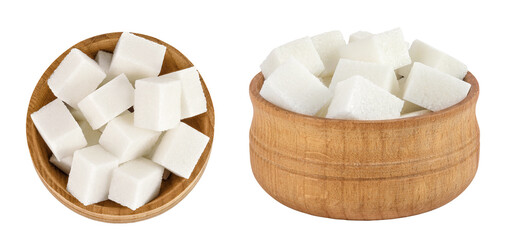 Sugar cubes in a wooden bowl isolated on white background. Top view. Flat lay