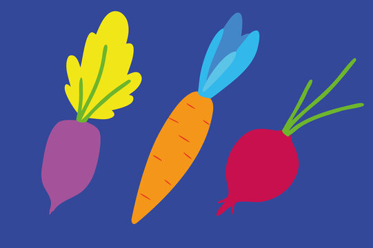 Cartoon vegetables on a vibrant blue background