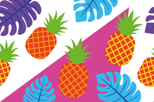 Colorful Pattern Featuring Pineapples and Tropical Leaves