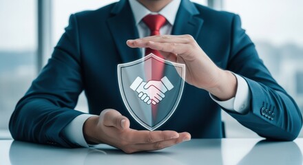 Business deal protection concept with handshake in shield