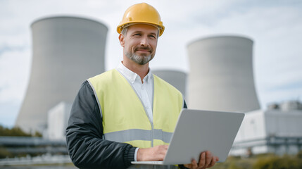 Industrial scene with engineer in high-visibility vest typing on laptop, yellow hard hat in view, large concrete cooling towers behind, soft sunlight casting shadows, cinematic wid