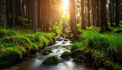A stream weaves through a lush green forest, illuminated by a sunburst through the towering trees. Soft moss covers the rocks and ground