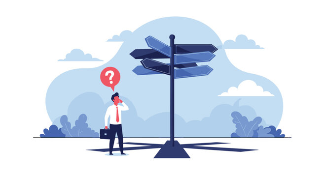 A man stands at a crossroads confused about which direction to take.