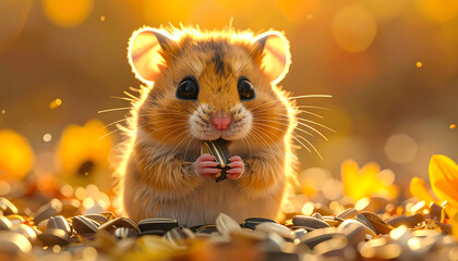 Cute and Fluffy Golden Hamster Eating Sunflower Seed Surrounded by Seeds