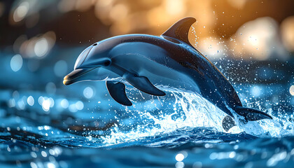 Dynamic Aquatic Dolphin Leaping with Splashing Water against Bokeh Background