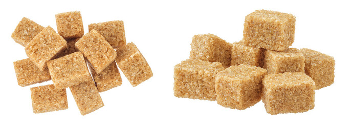 brown sugar cubes isolated on white background. Top view, flat lay