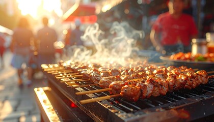 A street food vendor grills skewers of seasoned meat over a charcoal flame, smoke rising into the sunset. People gather around, ready to enjoy a snack