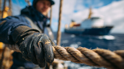 Obraz premium Close-up of weathered rope held by sturdy gloved hand, large research vessel faintly visible in background, calm sea reflecting sky, high-detail maritime textures and cinematic lig