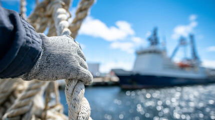 Fototapeta premium Close-up of nautical rope in gloved hand, docked research ship fading into soft background, clear blue sky, sparkling water, maritime industrial realism emphasized through lighting
