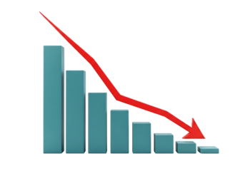 A downward trending bar graph with a red arrow indicating a significant financial or economic decline isolated on transparent background