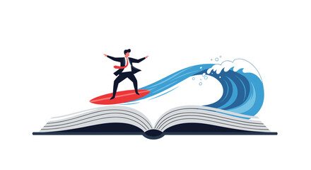 Surfing the waves of knowledge from an open book.