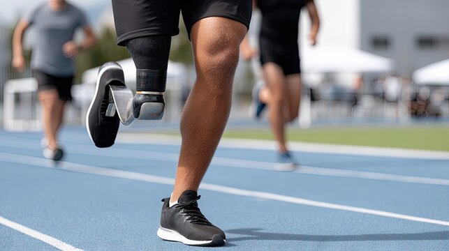 Running on a track, athletes train with determination, showcasing resilience and strength in a spirited athletic event in the afternoon sunlight