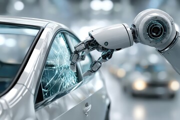 Naklejka premium Advanced Robotic Arm Fixing a Severely Shattered Car Window in an Automated Industry