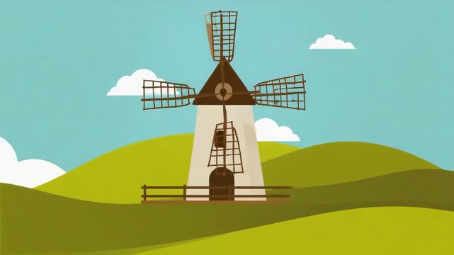 Stylized Windmill on Green Hills with a Textured Sky and Clouds illustration rural