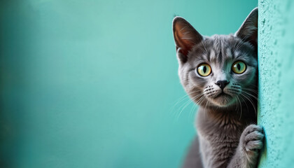 Curious grey cat peeks from behind a corner. Cute domestic kitten with big green eyes looks surprised. Funny playful pet hiding by a turquoise wall indoors, paw forward.
