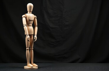 A jointed wooden figure stands on a dark backdrop. Its form allows for articulation and posing. This art mannequin model has an empty space for text. It represents a human form, an artist tool.
