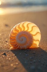 Glowing seashell rests on golden sand near ocean. Natural light illuminates intricate spiral. Coastal beauty creates calm, peaceful mood. This eco photo perfect for design background.