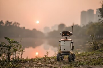 Fototapeta premium Robot by misty lake at sunrise, merging technology with tranquil nature.