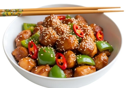 Delicious sweet and sour chicken with green peppers and red chili slices in a white bowl with chopsticks isolated on transparent background