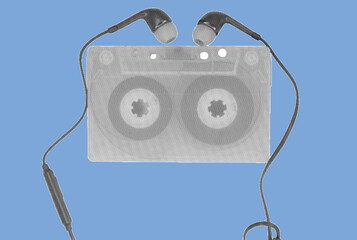 close up of cassette tape with earphone pixelate grayscale color halftone dotted texture style collage element isolated on blue background