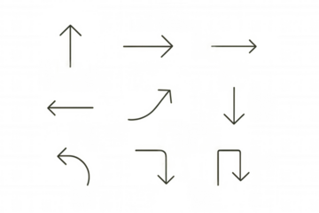 Black line art arrow set providing infographic direction, navigation, and pointer symbols on transparent background