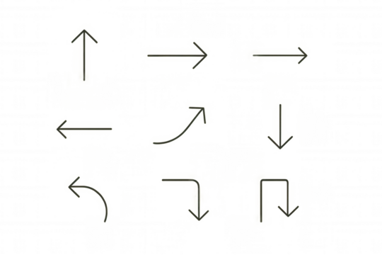 Black line art arrow set providing infographic direction, navigation, and pointer symbols on transparent background