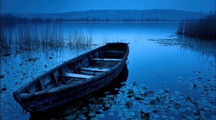 Fototapeta premium Stillness of an abandoned boat on a serene lake at dusk