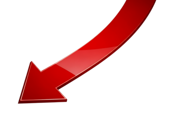 Glossy red curved arrow pointing downwards and to the left isolated on transparent background