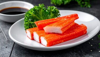 Crab sticks artfully presented on a white plate, with dark sauce, kale