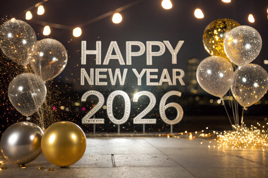 “Happy New Year 2026” with metallic balloons, sparklers, and string lights—celebrating with festive brilliance, nighttime charm, and joyful anticipation. generative ai