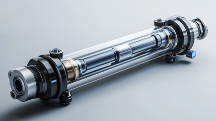 Hyperrealistic pneumatic hydraulic piston displayed in clean bright lighting, emphasizing modern engineering, smooth metal surfaces, industrial efficiency, and precise mechanical performance.
