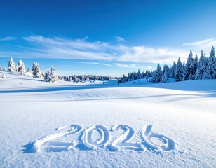 Crisp white snow blankets a peaceful winter forest and open field beneath a vibrant blue sky, with numbers two zero two six formed gently on the snowy surface.