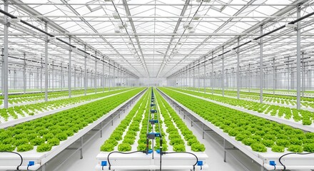 Rows of green lettuce plants growing in a large commercial greenhouse