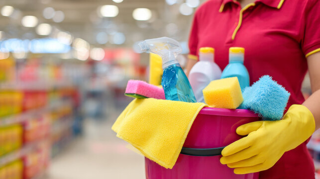 Woman in red polo shirt holding cleaning supplies in a pink bucket at a store - Powered by Adobe