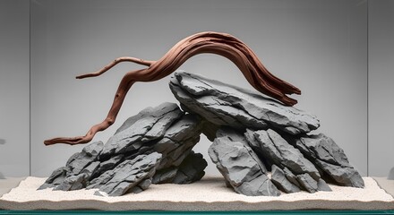 Aquascape layout with driftwood and rocks in aquarium on white background