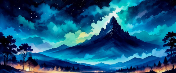 Illustration of a dreamy blue and green landscape with rugged peaks. Majestic mountain and forest beneath cosmic lights. Magical night landscape with stars and shimmering sky.