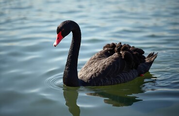 Black swan swims calmly on serene lake water, reflecting bright sky above. Dark body contrasts with vibrant red beak. Elegant bird glides gently, creating ripples on blue surface. Peaceful wild scene