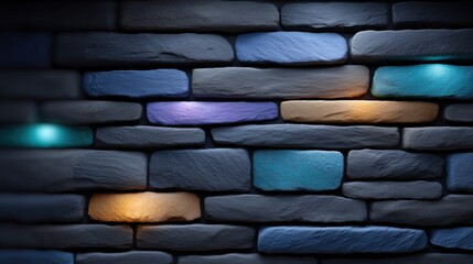 Vibrant illuminated stone wall texture background with abstract colorful light accents