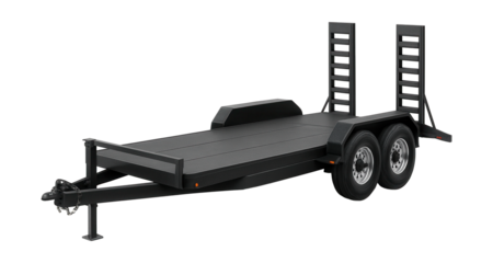 Heavy-duty tandem axle trailer with ramps and beavertail design.