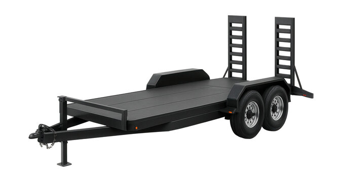 Heavy-duty tandem axle trailer with ramps and beavertail design.