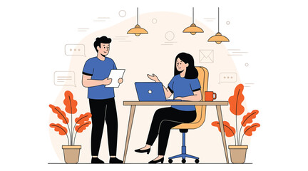 Vector art of two colleagues discussing work in a modern office with plants and decorations