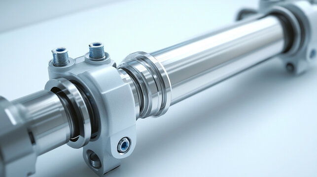Hyperrealistic pneumatic hydraulic piston displayed in clean bright lighting, emphasizing modern engineering, smooth metal surfaces, industrial efficiency, and precise mechanical performance.
