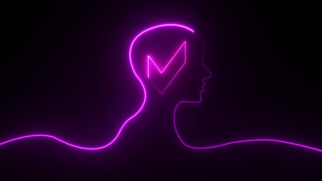 Glowing neon line Human head with tick mark icon on black background. Neon glowing tick mark with man head icon.Glowing neon line Head silhouette icon isolated.4k video black background.